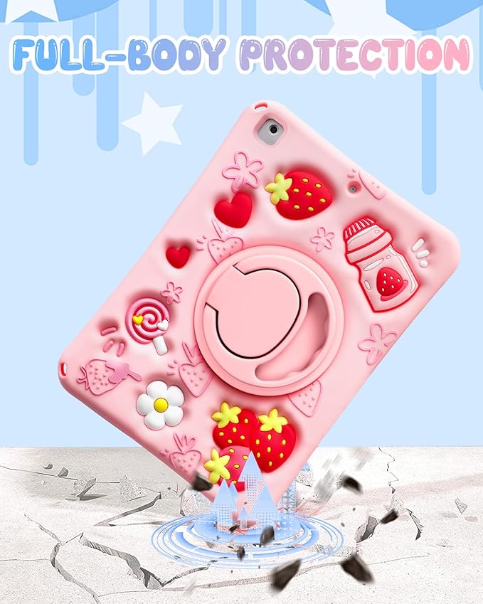 Boaretiu for iPad 6th/5th Generation Case 2018 2017 - for iPad 9.7 Inch Soft Silicone Cute Cartoon Strawberry with Shoulder Strap & Rotating Stand 3D Kawaii for Girls Girly Teens Women for Air1 Air2