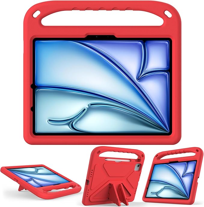 Dteck Kids Case for iPad Air 11" M2 (2024), iPad Pro 11" M4 (2024) with Pencil Holder, Shockproof Rugged Protective Handle Stand, EVA Foam Case, Red