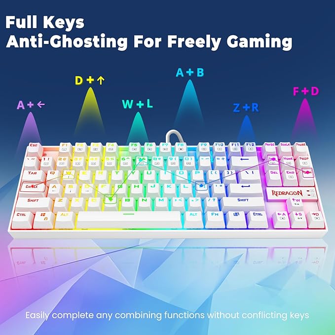 Redragon K552P Mechanical Gaming Keyboard TKL with 18 Backlight Modes, Hot-Swappable Blue Switches, 87-Key Compact Ergonomic Design, N-Key Rollover & Software Programmable Macro - RGB, White
