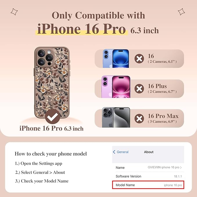 GVIEWIN for iPhone 16 Pro Case Compatible with MagSafe, [Military Grade Protection] [Screen Protector] Full Camera Protection Floral Translucent Women Magnetic Phone Case, Bunchflower/Brown