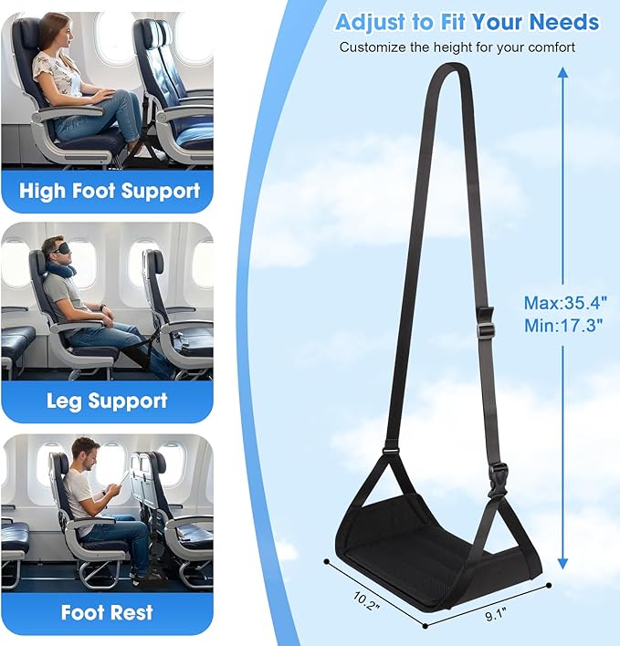 2 Pack Airplane Foot Rest - Lightweight Foot Hammock for Plane Travel with Adjustable Strap & Thick Board, Tray Table Under Desk Footrest to Relax Feet, Travel Essentials for Long Flights(Black)