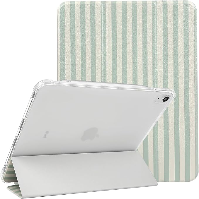 Lovmooful Compatible for iPad Air 6th 11-inch M2 (2024),iPad Air 5/4 (2022/2020 5th/4th Generation 10.9-Inch) Case with Pencil Holder Cute Striped Design Soft TPU Trifold Stand Protective-Green
