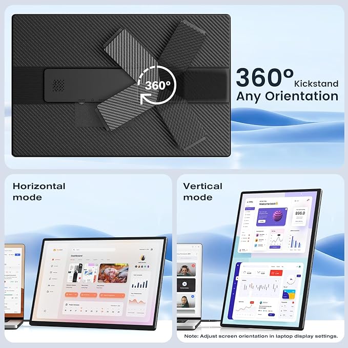 FLYTOCCA Portable Monitor, 16 Inch FHD 1200P, Horizontal/Vertical Monitor, Plug & Play, Built-in Speakers & Headphone Jack, Travel Monitor for Laptop with Premium Smart Cover