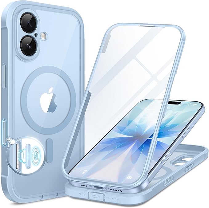 BERFY for iPhone 17 Case, Compatible with MagSafe, Built-in Glass Screen Protector, Camera Protection, Shockproof Full Body Phone case 6.3", Clear Blue