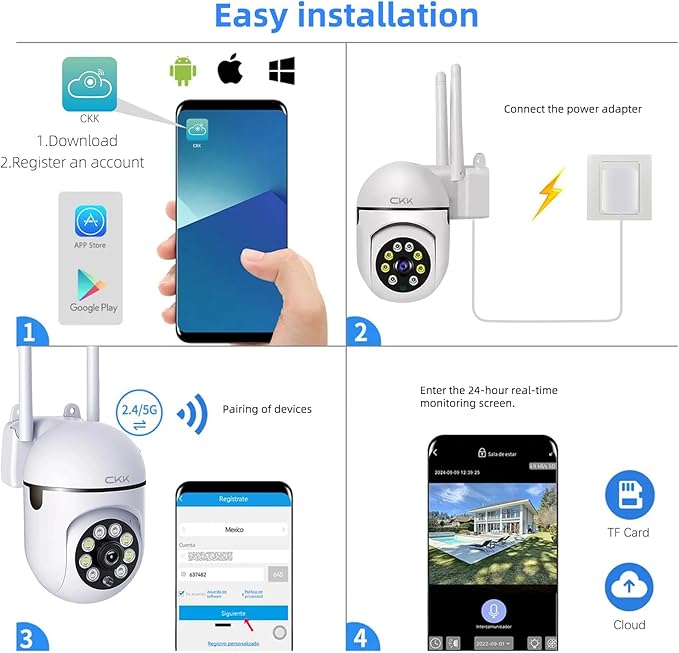 CKK 1080P Security Camera Outdoor Corded Power, 2 Pcs 2MP PTZ WiFi Home Camera (2.4G/5G Dual-Band), 360° Pan/Tilt, Color Night Vision, Motion Alerts, 2-Way Audio, Compatible with Alexa