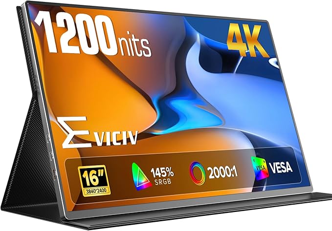 Portable Monitor 4K 1200 Nits, 16" Laptop Monitor, 3840*2400 UHD, 1MS FreeSync, 2000:1 Contrast, USB-C & MINI HDMI, VESA & Smart Case, Travel Second Screen for Computer, Mini PC, Game Consoles