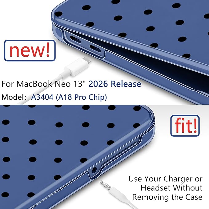 DONGKE for MacBook Neo 13 Inch Case 2026 (Model A3404, A18 Pro chip), Stylish Pattern Protective Hard Shell with Screen Protector, Keyboard Cover & USB-C Adapter - Indigo Polka Dots