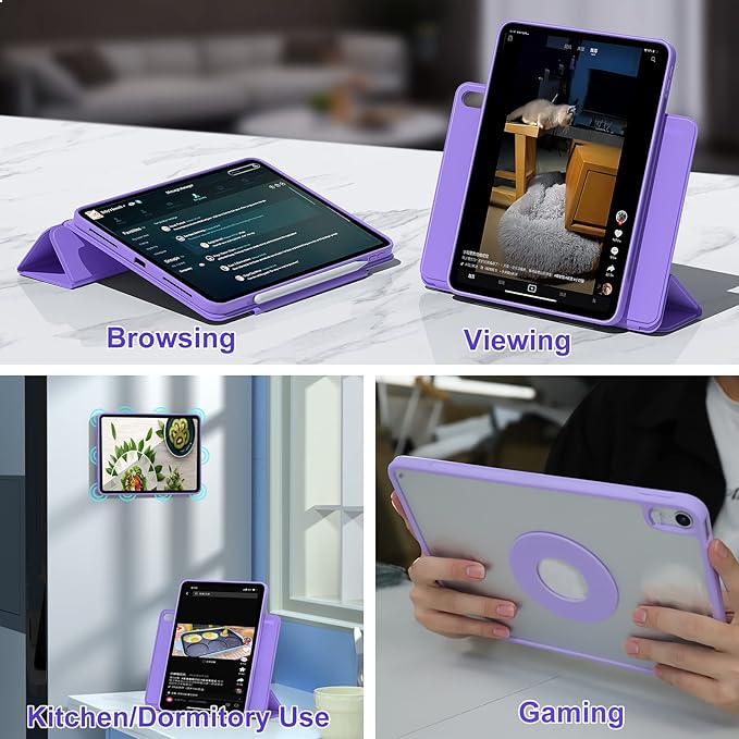 ZENLU iPad 10th 11th Generation Magnetic Case with Removable Folio Cover, Semi-Silicone Leather, Vertical Stand, Clear Back, Smart Sleep/Wake, Full Protective Case for iPad 10 & 11(A16) (Purple)