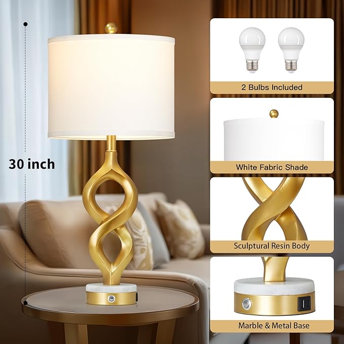 Cinyirong 30" White and Gold Table Lamps Set of 2 for Living Room, Modern Touch Control Bedside Lamps for Bedroom, 3-Way Dimmable Sculptural Resin Nightstand Lamps with USB A+C Ports and 2 LED Bulbs