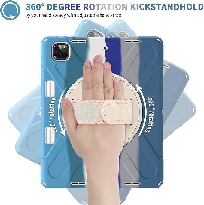 Batianda Case for iPad Pro 13-inch 2025 M5 2024 M4 Chip Heavy Duty Rugged Durability Silicone Tablet Cover with 360° Rotating Hand Strap Foldable Hidden Stand & Shoulder Strap, Colorful Blue