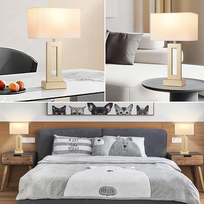 Seealle Bedroom Table Lamps Set of 2 - Touch Bedside Lamps with USB C+A, 3 Way Dimmable Gold Lamp for Nightstand, Modern Night Stands Lamps for Living Room End Tables Desk Bed Side Study Room(16.4n)
