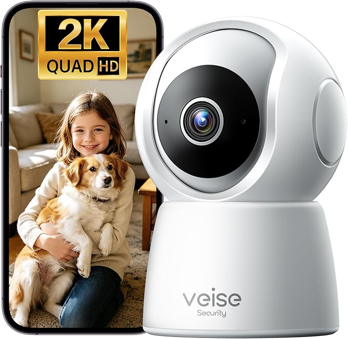 Veise 2K Indoor Camera for Home Security, 360° Wireless WiFi Pet & Baby Monitor with Phone App, AI Motion Detection, 2-Way Audio, Night Vision, SD/Cloud Storage, Works with Alexa & Google Home, 2.4GHz