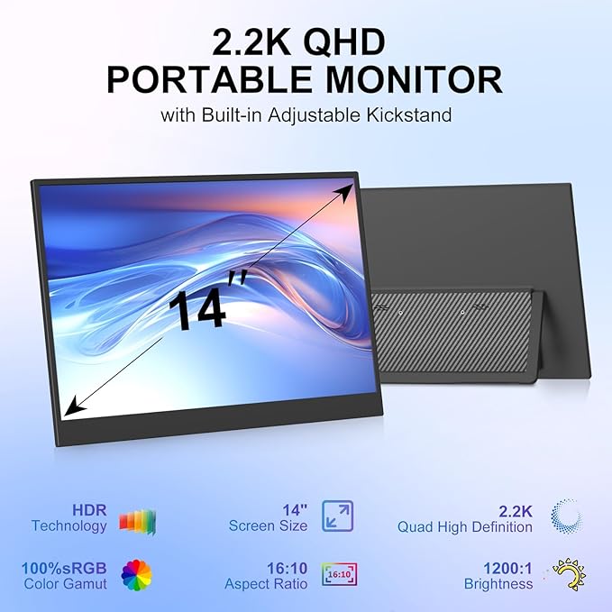 Portable Monitor 14 inch 2.2K QHD USB C HDMIUltra-Slim IPS Travel Display & Speakers, HDR Plug&Play,External Monitor for Laptop PC, Phone,Mac (14.1")