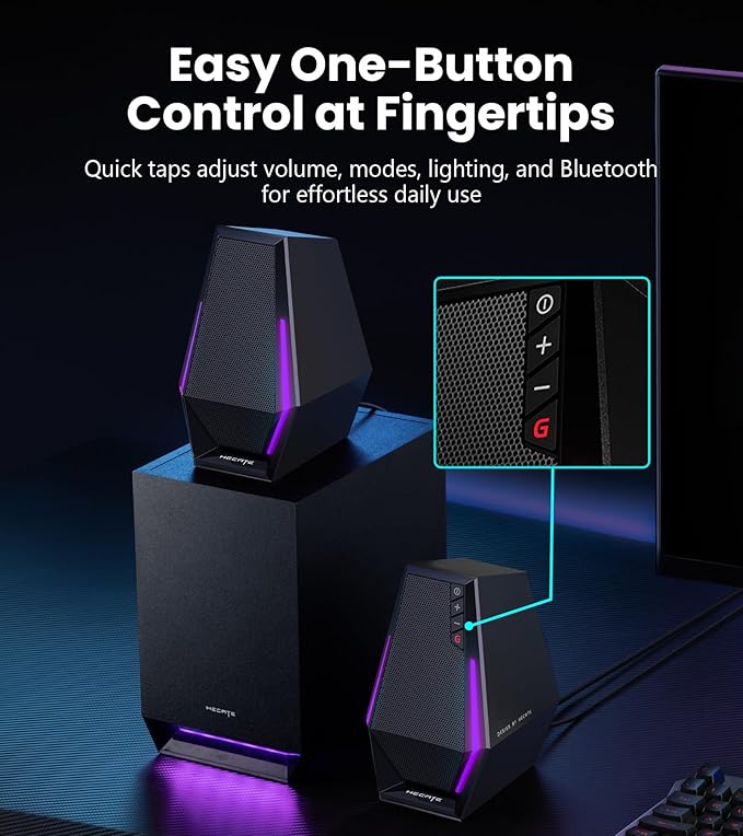 Edifier G1500 MAX 2.1 Gaming Speakers - 60W Peak Power with 4" Subwoofer & 2.5" Satellite Speakers, Bluetooth 5.3 & Multi-Wired Connections, 10 RGB Light Effects, 3 Sound Modes for PC/PS5/Xbox/Phone