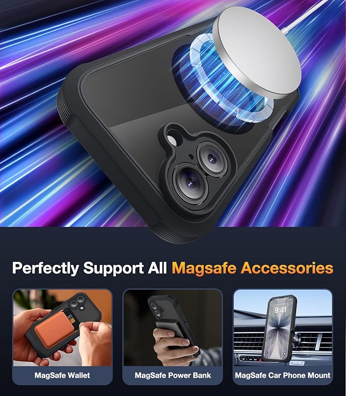 Diaclara for iPhone 17 Case 6.3'', Full-Body Military Grade Drop Protection Outdoor Phone case with Built-in Screen Protector, Easy Installation,No Gap,Compatible with MagSafe, Black