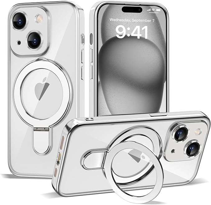 Compatible with iPhone 15 Plus Case with Invisible Magnetic Ring Stand [Compatible with Mag-Safe] [Full Camera Lens Protector] Plating Clear Phone Case for iPhone 15 Plus 6.7", Silver