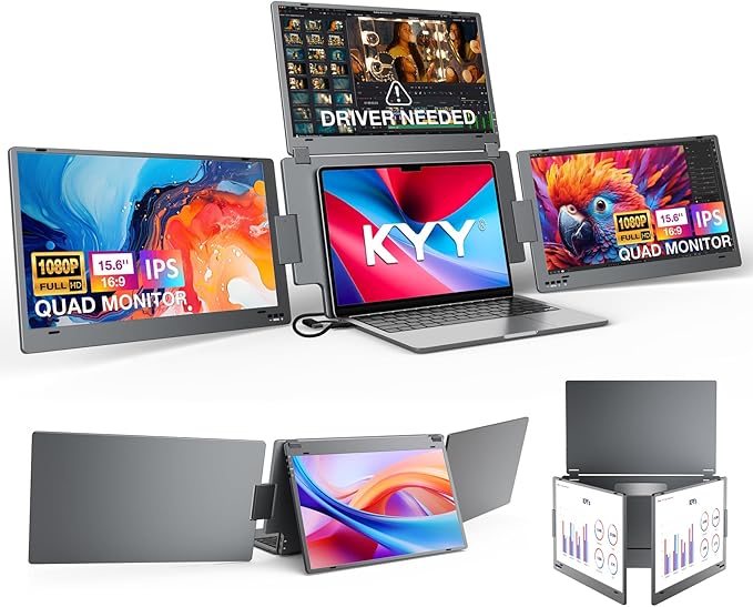 KYY Laptop Screen Extender for Laptop, 15.6" Quad Portable Monitor, 1080P Triple Screen Laptop Monitor Extender, One Cable Connection, Alloy Body, Auto Rotation, for 12–17.3” Laptops, X90G