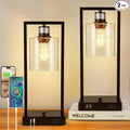 16" Desk Lamps for Home Office, Bedside Lamps with USB C+A Ports and Outlet, Black Fully Stepless Dimmable Industrial Table Lamps with Seeded Glass Shade for Reading Living Room, LED Bulbs Included