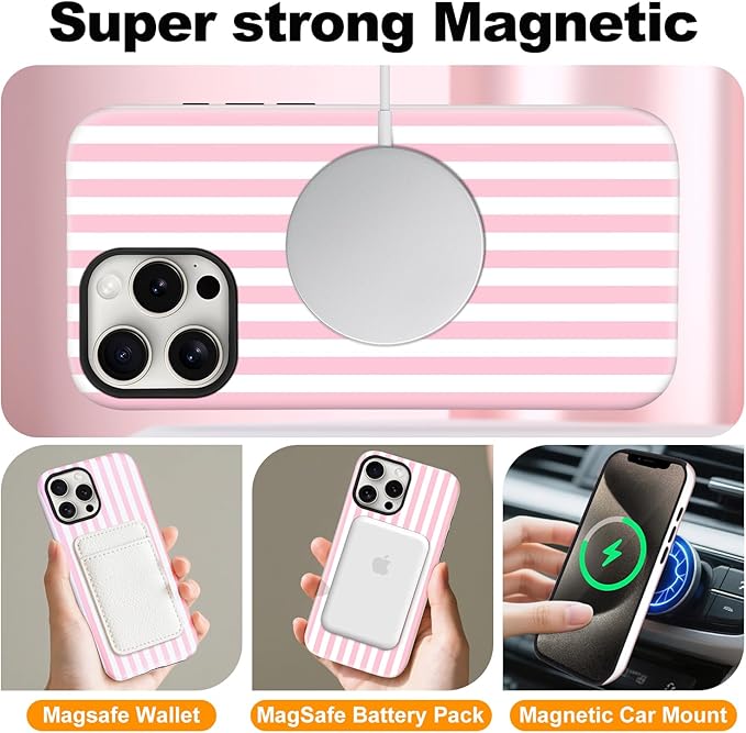 Magnetic for iPhone 16 Pro Case Cute Stripes Phone Case, Shockproof Slim TPU and Hard PC Protective Phone Cover Compatible with MagSafe Designed for Women Girls, Pink and White