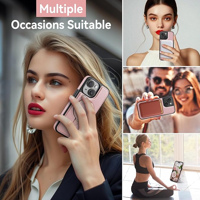 for iPhone 15 Plus Case with Stand, Compatible with MagSafe, Slim PU Leather & Durable TPU Protective Magnetic Kickstand Cover Drop-Proof with Tempered Glass Screen Protector 6.7", Rose Gold