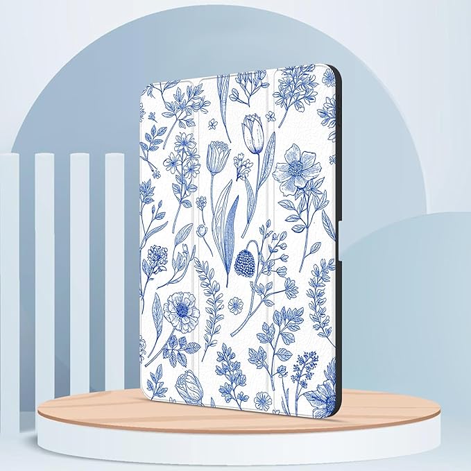 Case for iPad Pro 11-Inch M5/M4 2025/2024 (6th/5th Generation), Case with Pencil Holder, Clear Back Cover Cute Cool Design for Women Girls, Auto Sleep/Wake, Blue Flower