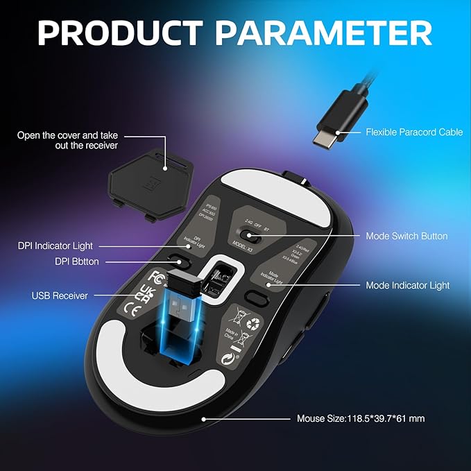 ATTACK SHARK X3 Wireless Gaming Mouse, 49g Ergonomic Computer Mouse, Triple Modes PAW3395 26K DPI Optical Sensor, 200h Battery Life, Programmable Buttons, Gaming Accessories for PC/Laptop/Mac (Black)