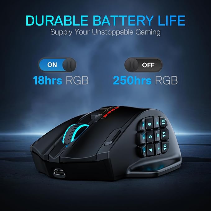 Redragon M913 MAX Wireless Gaming Mouse, 26000 DPI MMO Optical Mouse with 16 Programmable Buttons, BT & 2.4G Wireless, Software Supports DIY Keybinds
