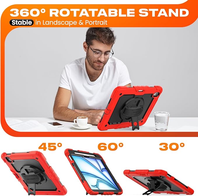 SEYMAC stock Case for iPad Air 11-inch M4-M2 2026-2024 (Gen 8-6), Shockproof Heavy Duty Case with Screen Protector, Pencil Holder, Rotating Stand, Hand Strap, Shoulder Strap, Red