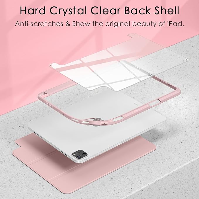 Soke Case for iPad Pro 12.9 Inch (6th/5th/4th/3rd Generation, 2022/2021/2020/2018) - Pencil Holder + Auto Sleep/Wake + Camera Protection, Transparent Shockproof Back Cover, Book Pink