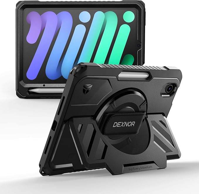 Dexnor Case for iPad mini 7 (A17 Pro) 2024/mini 6 2021 8.3 inch, Rugged Protective Case with 360° Rotating Hand Strap & Large Stand & Screen Protector & Pencil Holder Shockproof Full-Body Cover, Black