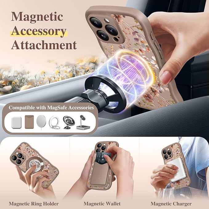 GVIEWIN for iPhone 16 Pro Max Case Compatible with MagSafe [Curly Wave Edge][Full Camera Protection] Floral Translucent Shockproof Magnetic Women Phone Case for 16 Pro Max, Corn Poppy/Brown