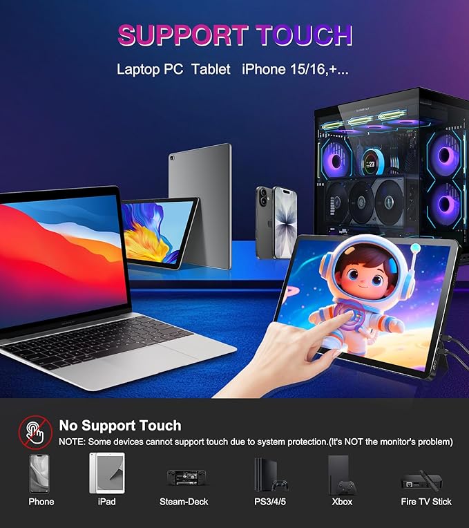 11 inch 2.5K 2560x1600 Portable Touchscreen Monitor 400nits 100% NTSC for PC, Screen Extender IPS Small HDR Touch Screen USB-C HDMI Monitor, Mini Computer Display for Laptop Mac PS4 Xbox