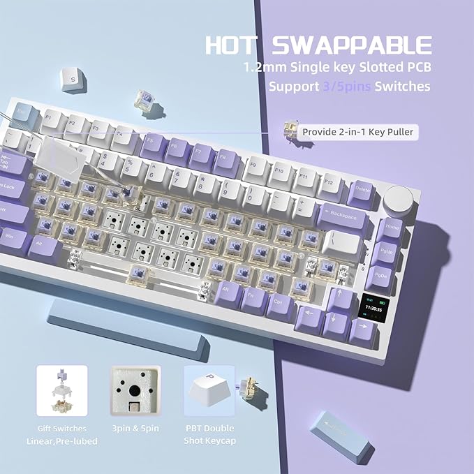 Attack Shark ajazz AK820 Pro Wireless Mechanical Gaming Keyboard TFT Display &Knob Hot Swappable Bluetooth 5.1/2.4G hz/Type-C Gasket-Mounted RGB Backlit Custom Keyboard for PC/Win(Purple/Gift Switch)