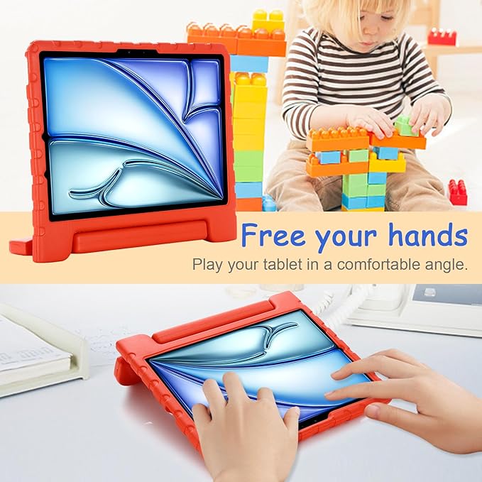Kids Case for iPad Pro 11" M5/M4 & iPad Air 11" (2026/2025/2024) Shockproof Case with Pencil Holder, Techcircle Light EVA Foam Handle Stand Bumper Protective Child Friendly Drop Proof Cover, Red