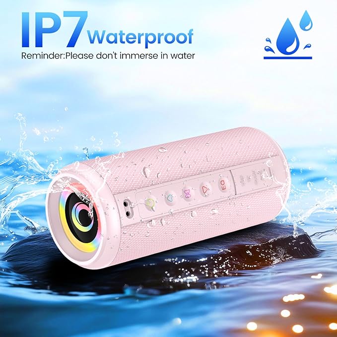 Portable Bluetooth Speaker, 2026 Bluetooth 5.4 Wireless Speaker with 20W HD Loud Stereo Sound, 20H Playtime, LED Lights, IP7, TWS Pairing, Built-in Mic, for Outdoor, Home, Beach, Party, Gift, Pink