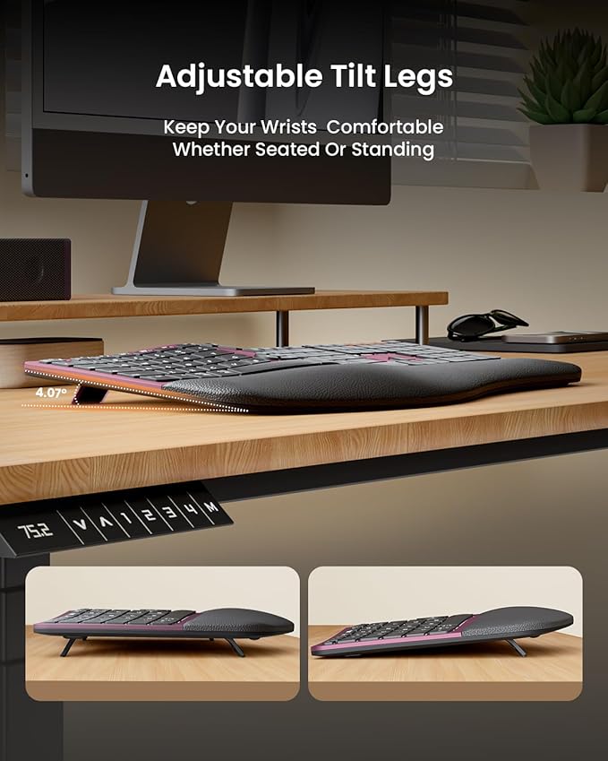 ProtoArc Ergonomic Wireless Keyboard Mouse, EKM01 Plus Full Size Ergo Bluetooth Keyboard Mouse Combo, Split Design, Wrist Rest, Multi-Device, Rechargeable, for Windows/Mac OS - Wine Red