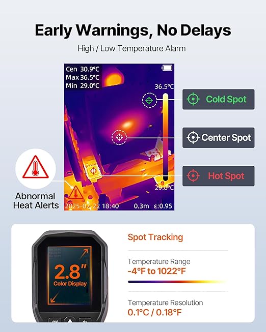 VEVOR Thermal Camera, 320 x 240 TISR Super Resolution, Thermal Imaging Camera with 2MP Visual Camera, 256 x 192 IR Resolution, 25 HZ Refresh Rate, -4°F to 1022°F, 4 Image Modes & 6 Color Palettes