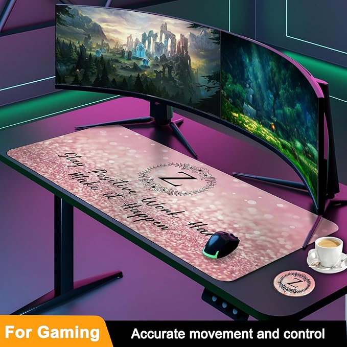 Pink Large Gaming Mouse Pad with Coaster, Desk Mat, Mouse Pad for Computer Keyboard Laptop Office Decor, Stitched Edges Extended Mousepad, 31.5'' x15.6''-Letter Z