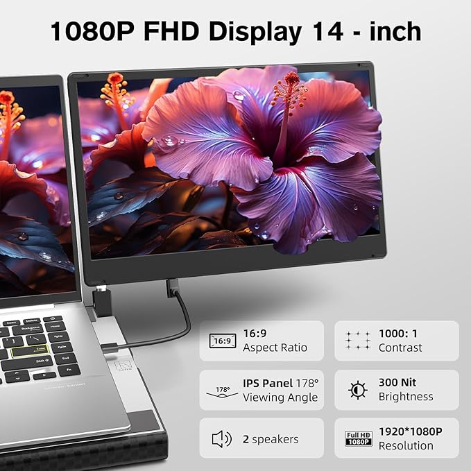 Laptop Screen Extender - 14" Triple Portable Monitor 360 Degrees Rotation IPS FHD 1080P Detachable Screen with Stand for Windows/MacChrome