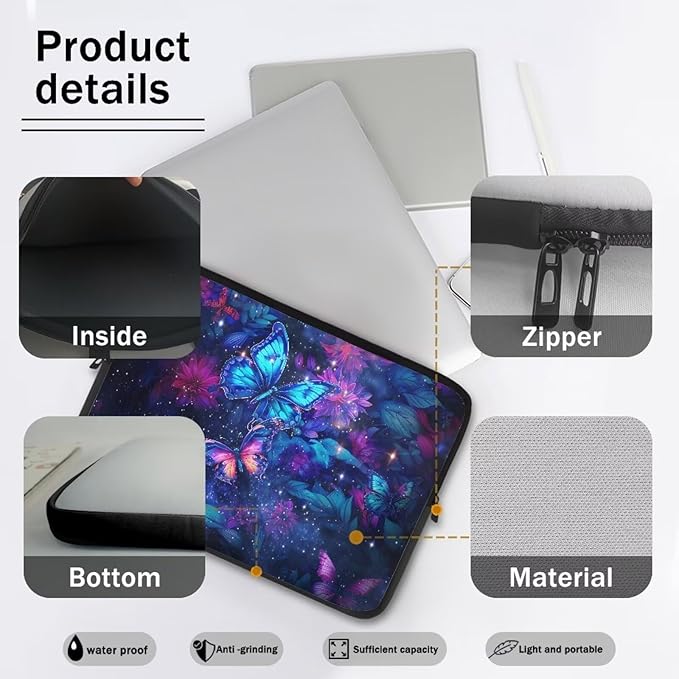 Butterfly Flower Laptop Sleeve 12 inch Lap Top Case for Women Girls Galaxy Computer Sleeve Slim Laptop Protector with Multiple Uses Laptop Carrying Case Briefcase, 2403080BZ1403018