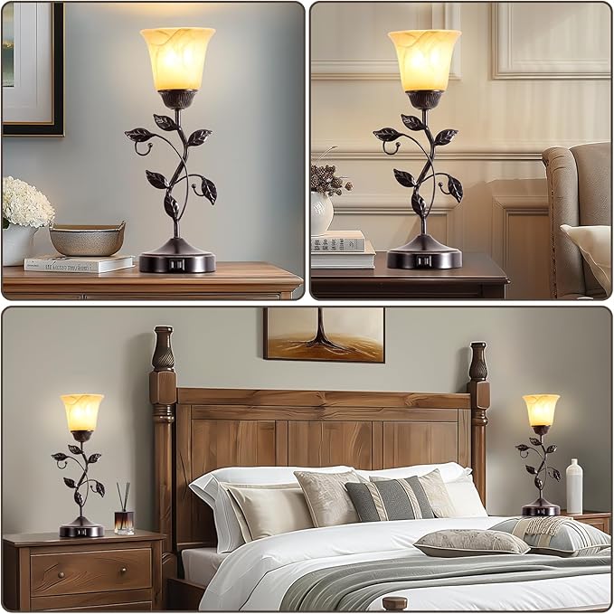 Set of 2 Touch Vintage Table Lamps with 2 USB Ports, 3-Way Dimmable Nightstand Flower Lamps, Amber Glass Shade Rustic Leaf Lamp for Living Room Bedroom, LED Bulb Included (Bronze)