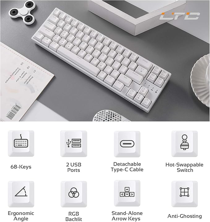 LTC NB681 Nimbleback Wired 65% Mechanical Keyboard, RGB Backlit Ultra-Compact 68 Keys Gaming Keyboard with Hot-Swappable Switch and Stand-Alone Arrow/Control Keys (Hot Swappable Blue Switch, White)