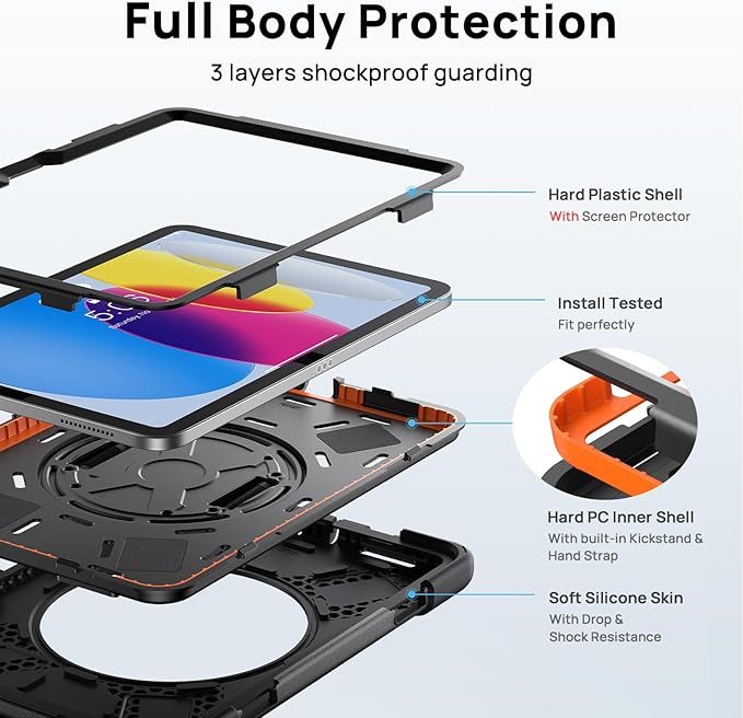 Gerutek Case for iPad (A16) 11th/10th Generation 11"/10.9" (2025/2022), Full-Body Shockproof Protective Case with Screen Protector, 360° Rotating Stand, Hand/Shoulder Strap, Pencil Holder - Black