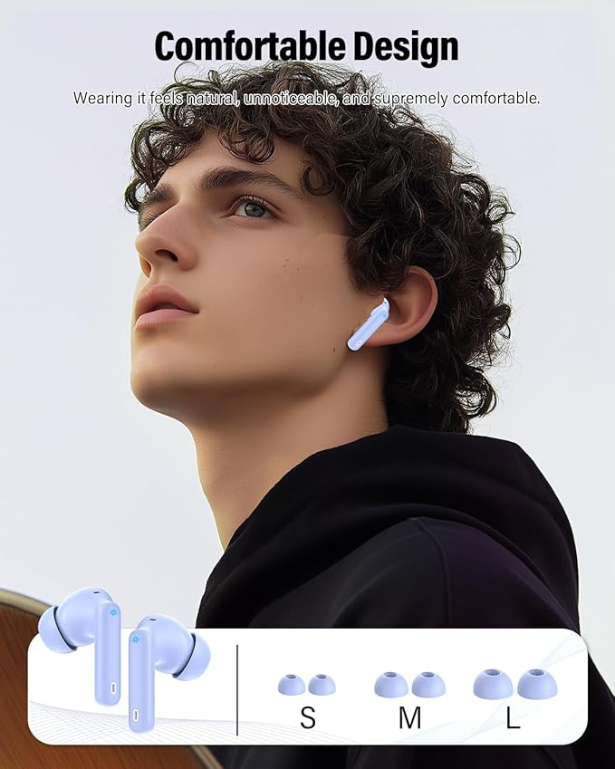 Wireless Earbuds, Bluetooth 5.4 Headphones Bass Stereo, Ear Buds with Noise Cancelling Mic, LED Display in Ear Earphones Clear Calls, IP7 Waterproof Bluetooth Earbuds for Laptop/Phones, Pale Blue