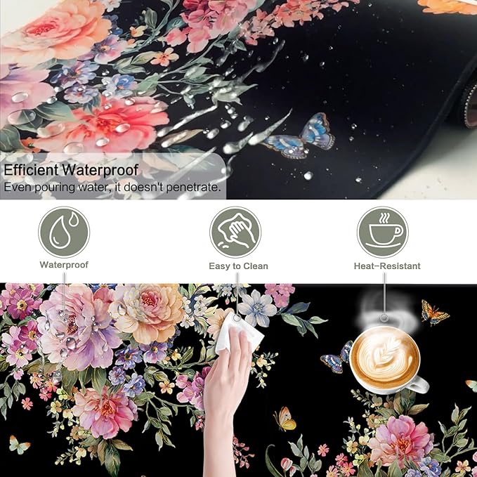 Desk Mat Mouse Pad Butterfly Flower, 35.4x15.7 in Pink Floral XXXL Extended Large Gaming Desk Pad Mousepad, Waterproof Black Computer Laptop Keyboard Mat for Women Girls Work, Game, Office, Home