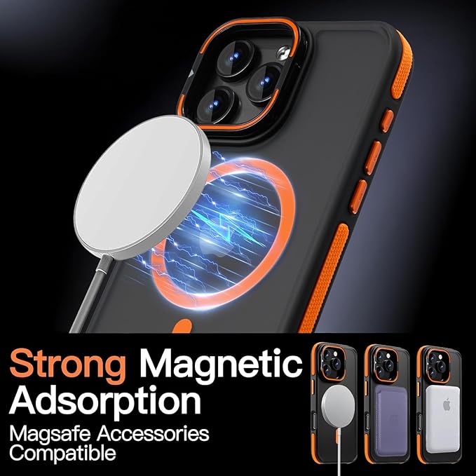 Magnetic case for iPhone 16 Pro [10Ft Military-Grade Protection] Built-in Camera Stand Phone case, Compatible with fit MagSafe Shockproof Slim Thin Cover 6.3 inch,Orange Bumper Stand