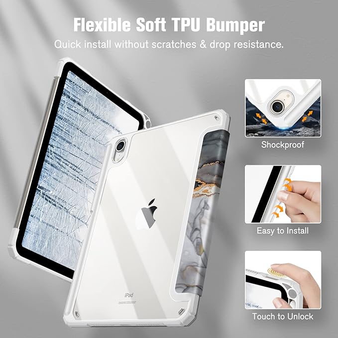 Fintie Hybrid Slim Case for iPad Mini 7 (A17 Pro, 7th Generation) 2024 / iPad Mini 6 (6th Gen) 8.3 Inch, [Built-in Pencil Holder] Shockproof Cover Clear Transparent Back Shell, Cloudy Marble