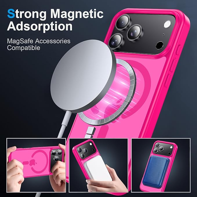 Strong Magnetic for iPhone 17 Pro Case with Camera Lens Protector [ Military-Grade Protection] Compatible with MagSafe Shockproof Slim Thin Cover case for iPhone 17 Pro 6.3 inch, Hot Pink