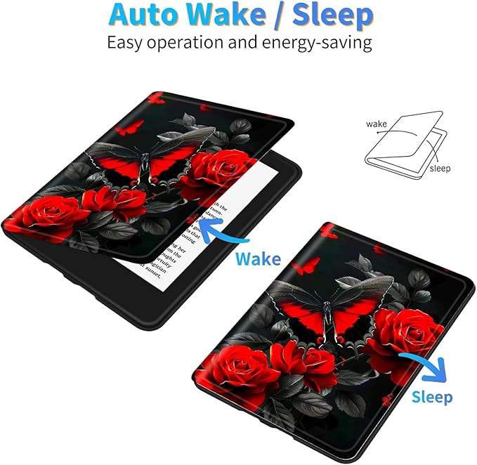 for Amazon Kindle Fire HD 8 & HD 8 Plus(12th/10th Generation, 2024/2022/2020 Release) 8" Tablet Case, Slim Kickstand Stand Leather Smart Cover with Auto Wake/Sleep, Red Rose Butterfly