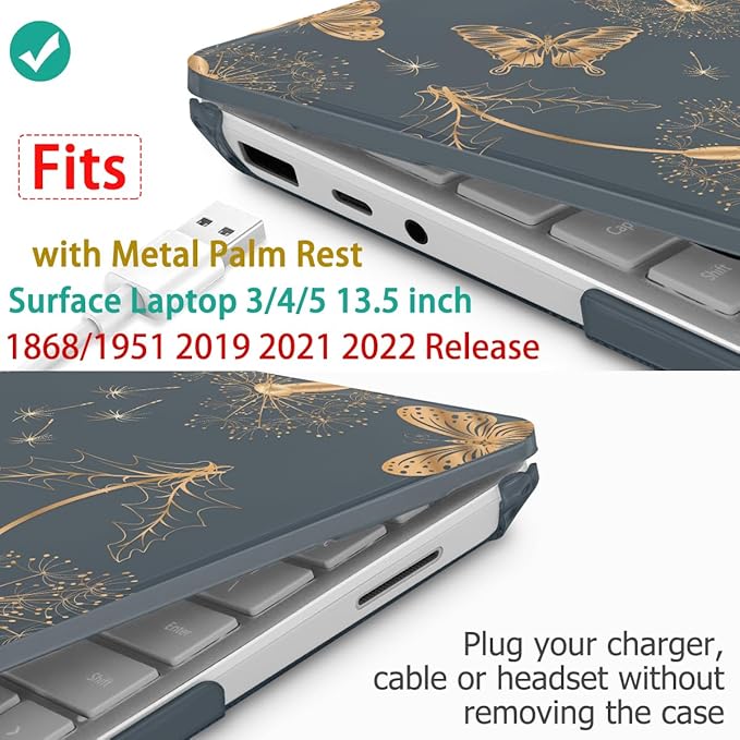 Case for 13.5" Microsoft Surface Laptop 5/4/3 with Metal Palm Rest ONLY 2019-2022 Release Models:1868/1951, Plastic Hard Shell Case with Keyboard Cover & Screen Protector, Butterflies